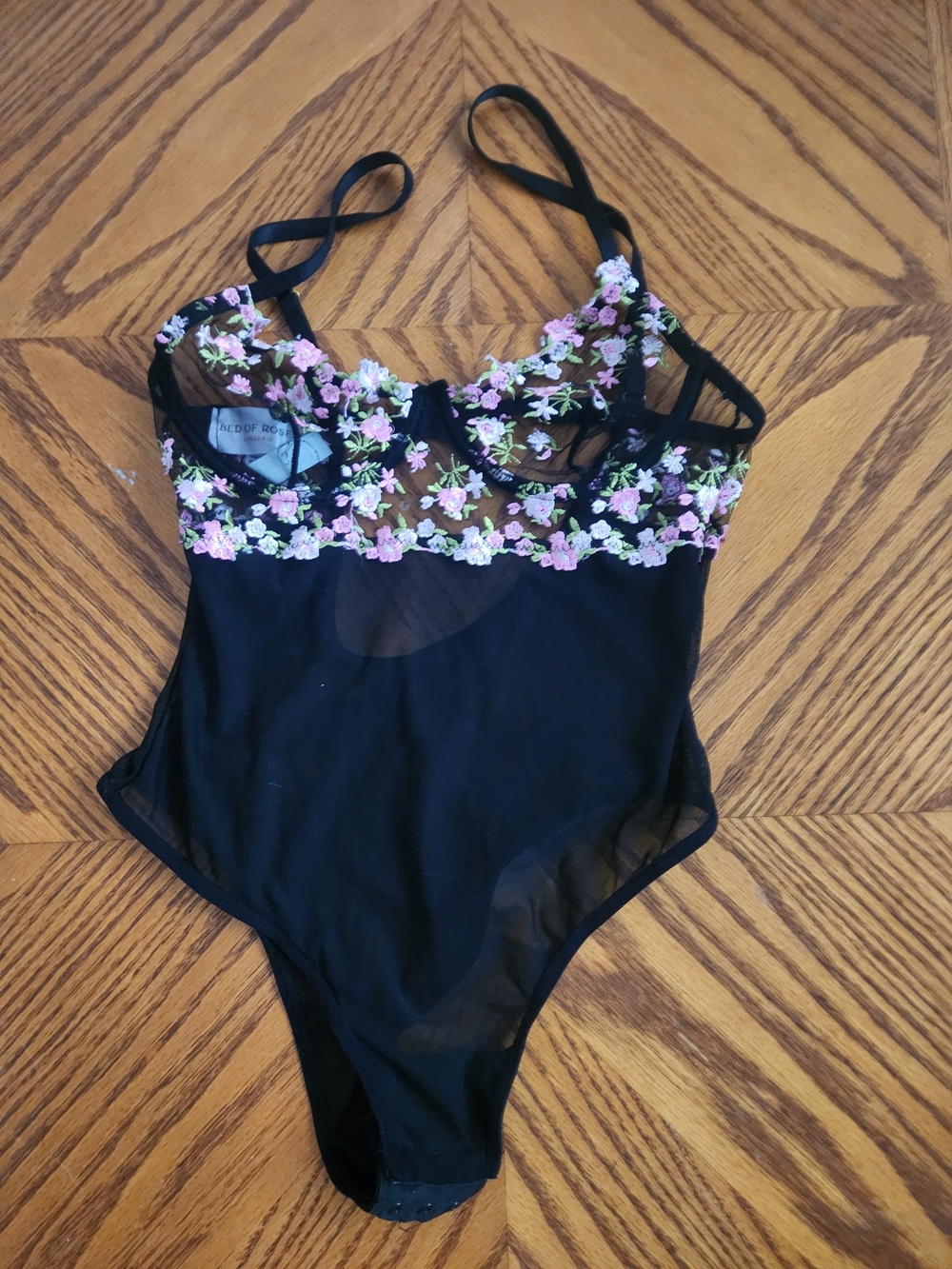 Black Floral-Embroidered Sheer Bodysuit